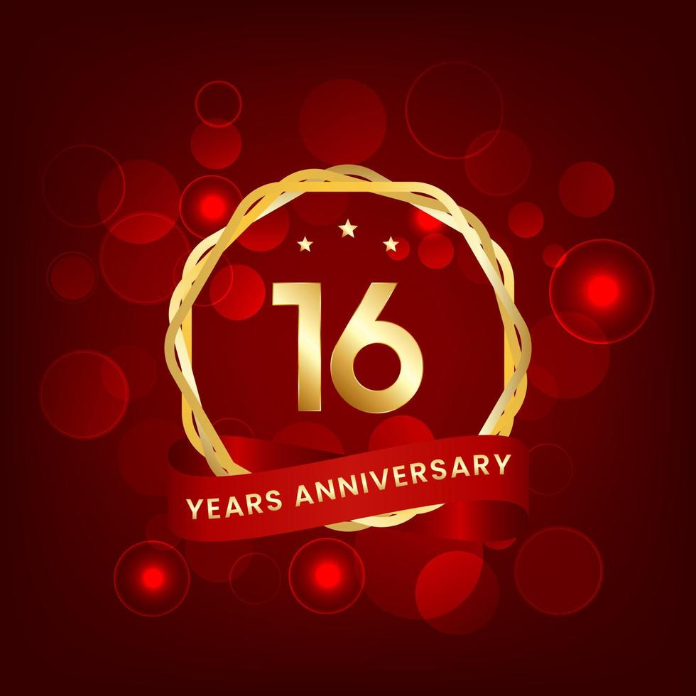 16 years anniversary. Anniversary template design with gold number and red ribbon, design for event, invitation card, greeting card, banner, poster, flyer, book cover and print. Vector Eps10