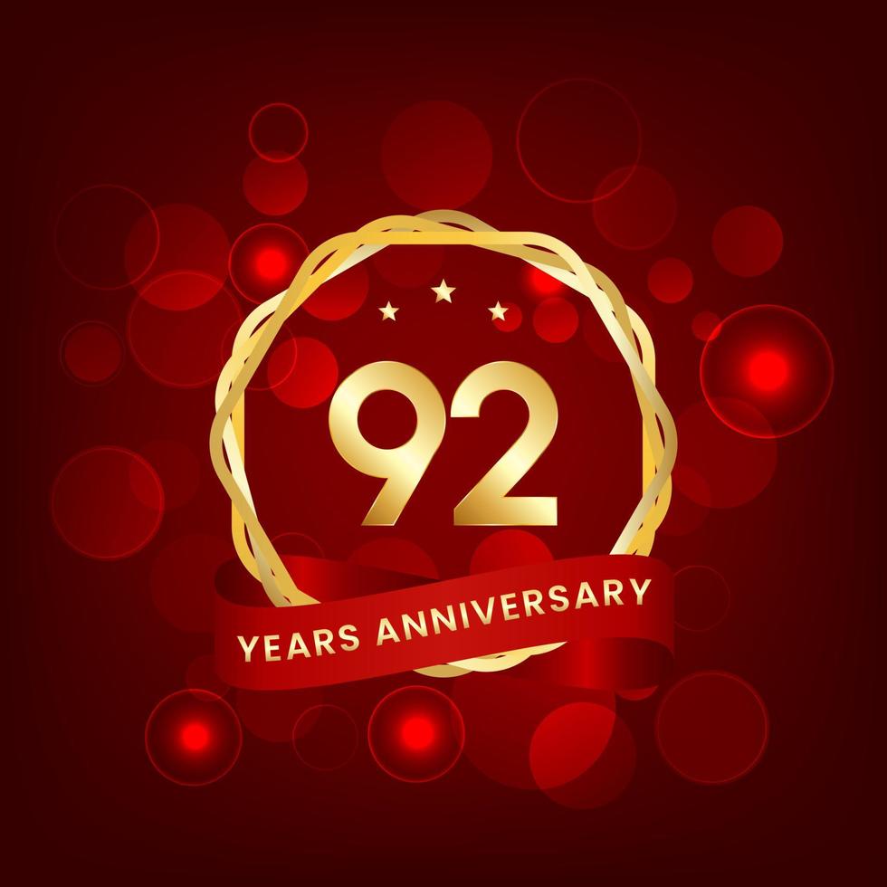92 years anniversary. Anniversary template design with gold number and red ribbon, design for event, invitation card, greeting card, banner, poster, flyer, book cover and print. Vector Eps10