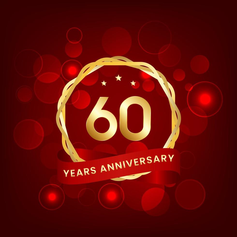 60 years anniversary. Anniversary template design with gold number and red ribbon, design for event, invitation card, greeting card, banner, poster, flyer, book cover and print. Vector Eps10