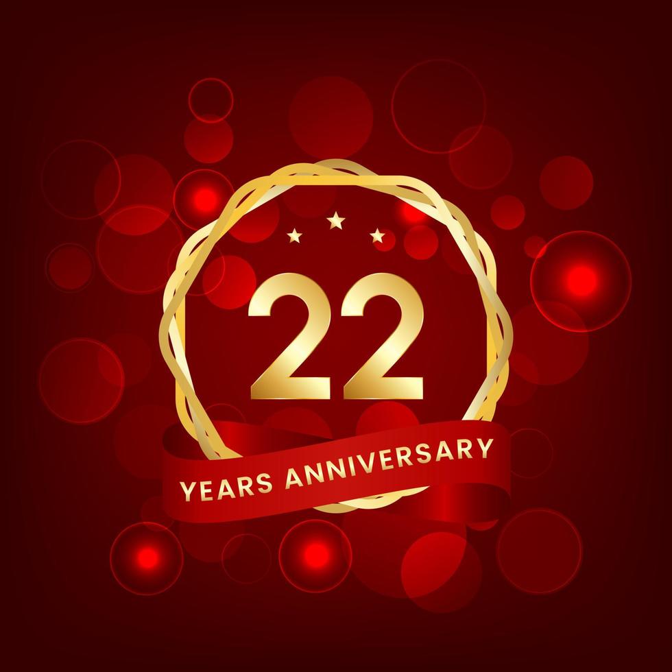 22 years anniversary. Anniversary template design with gold number and red ribbon, design for event, invitation card, greeting card, banner, poster, flyer, book cover and print. Vector Eps10