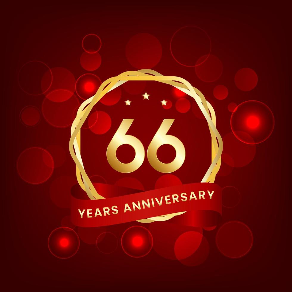 66 years anniversary. Anniversary template design with gold number and red ribbon, design for event, invitation card, greeting card, banner, poster, flyer, book cover and print. Vector Eps10