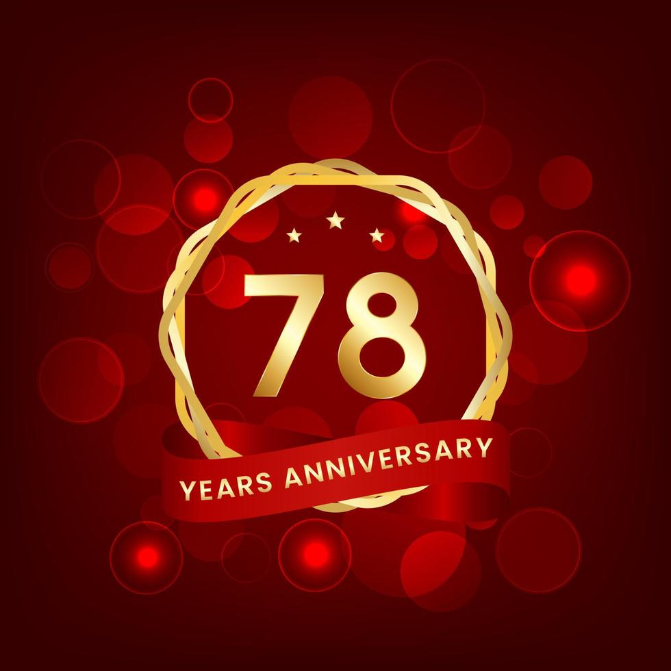 78 years anniversary. Anniversary template design with gold number and red ribbon, design for event, invitation card, greeting card, banner, poster, flyer, book cover and print. Vector Eps10