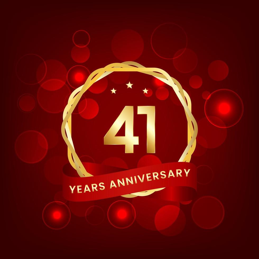 41 years anniversary. Anniversary template design with gold number and red ribbon, design for event, invitation card, greeting card, banner, poster, flyer, book cover and print. Vector Eps10