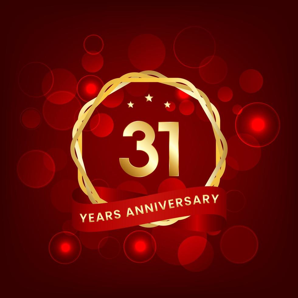 31 years anniversary. Anniversary template design with gold number and red ribbon, design for event, invitation card, greeting card, banner, poster, flyer, book cover and print. Vector Eps10