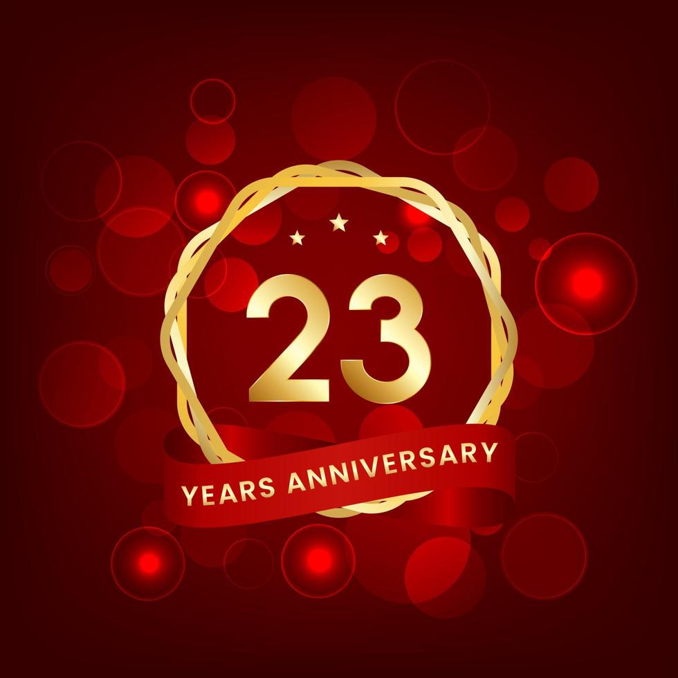 23 years anniversary. Anniversary template design with gold number and red ribbon, design for event, invitation card, greeting card, banner, poster, flyer, book cover and print. Vector Eps10