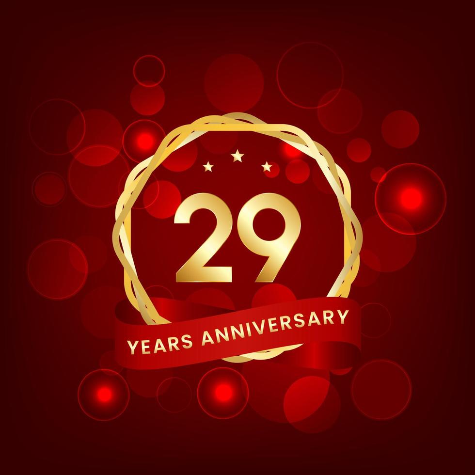 29 years anniversary. Anniversary template design with gold number and red ribbon, design for event, invitation card, greeting card, banner, poster, flyer, book cover and print. Vector Eps10