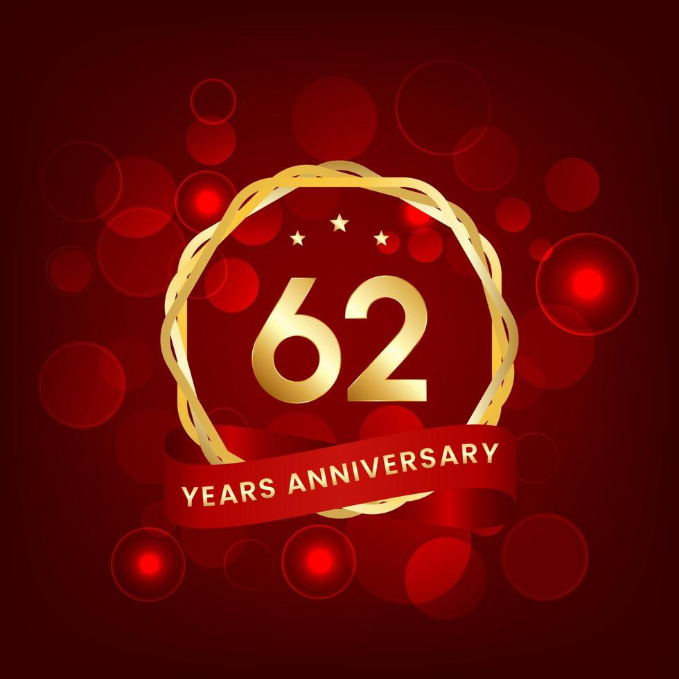 62 years anniversary. Anniversary template design with gold number and red ribbon, design for event, invitation card, greeting card, banner, poster, flyer, book cover and print. Vector Eps10