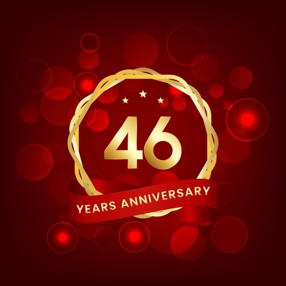 46 years anniversary. Anniversary template design with gold number and red ribbon, design for event, invitation card, greeting card, banner, poster, flyer, book cover and print. Vector Eps10