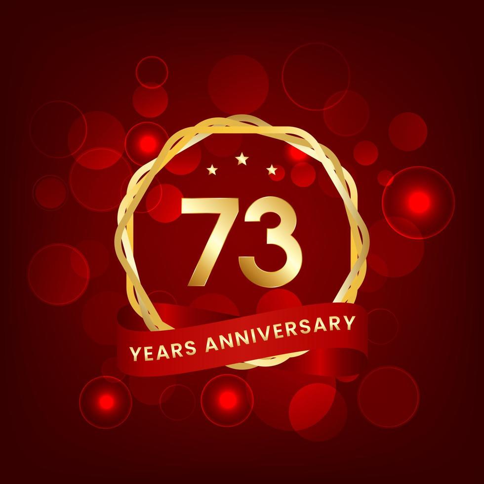 73 years anniversary. Anniversary template design with gold number and red ribbon, design for event, invitation card, greeting card, banner, poster, flyer, book cover and print. Vector Eps10