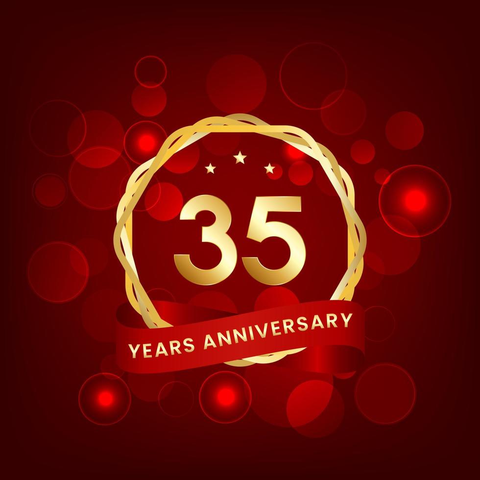 35 years anniversary. Anniversary template design with gold number and red ribbon, design for event, invitation card, greeting card, banner, poster, flyer, book cover and print. Vector Eps10