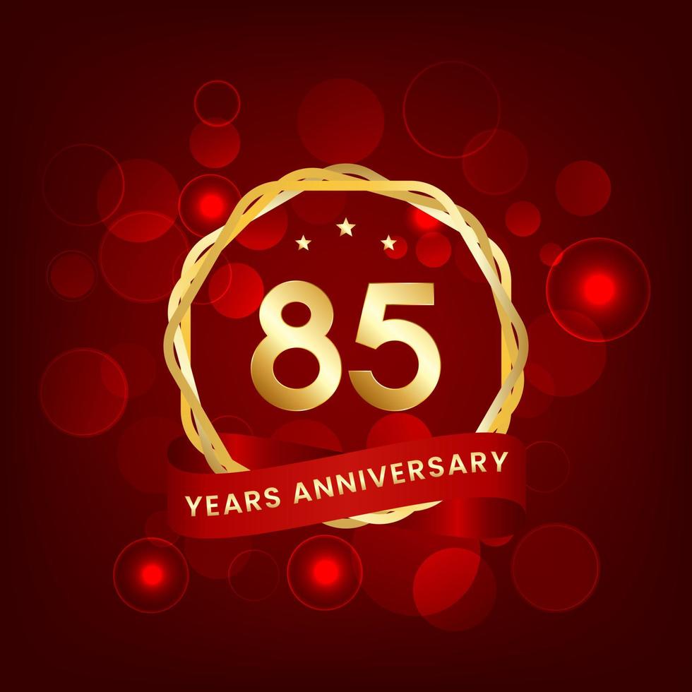 85 years anniversary. Anniversary template design with gold number and red ribbon, design for event, invitation card, greeting card, banner, poster, flyer, book cover and print. Vector Eps10