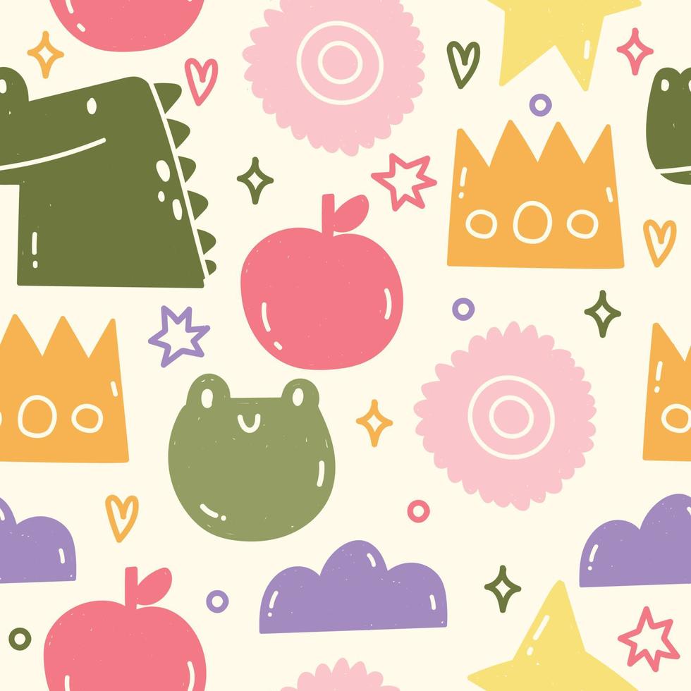 Childish seamless pattern. Bright patterns for children. Childish patterns with apple, flower, frog and dinosaur. Background, wallpaper, Wrapping, textile template vector