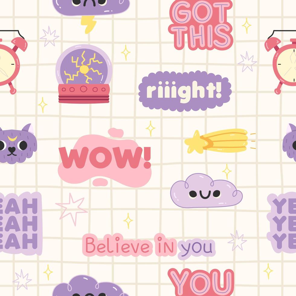 Kids friendly seamless pattern with cute cartoon motivation quotes, cat , star, comet, alarm in the background in a cage in japan kawaii style with smile. Background, wallpaper, wrapping, textile vector