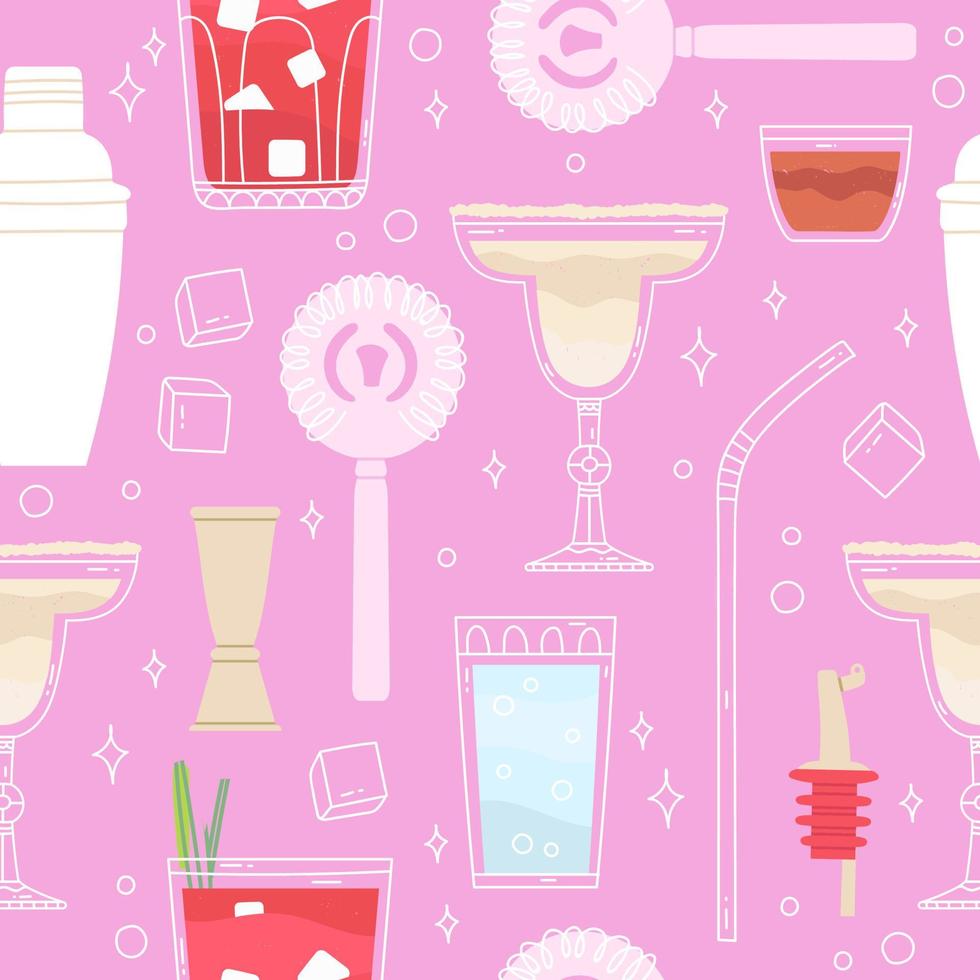 cóctel bar sin costura modelo. plano estilo ilustración con bebidas bebidas menú diseño para un bar. verano rosado diseño. dibujo alcohol bebida fondo de pantalla. verano bar menú, bebida. vector ilustración.