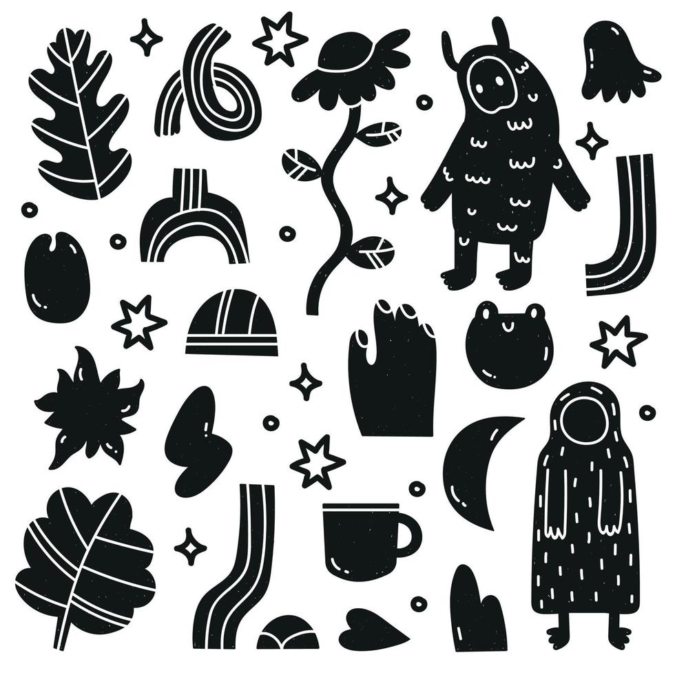 Hand draw various strange creatures and objects. Abstract figures. Fictional animals and flowers. Black trendy Vector illustration set. All elements are isolated