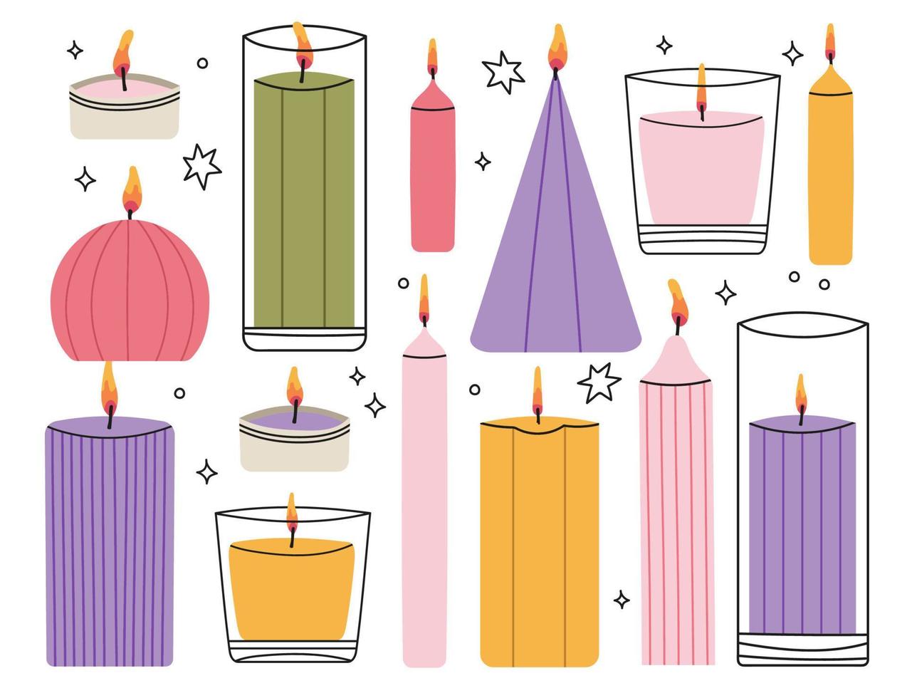 Various Candles. Different shapes and sizes. Decorative wax bright candles for relax and spa.Cute handmade perfumed decoration. Hand drawn Vector illustration.Home aromatherapy, hygge home decoration