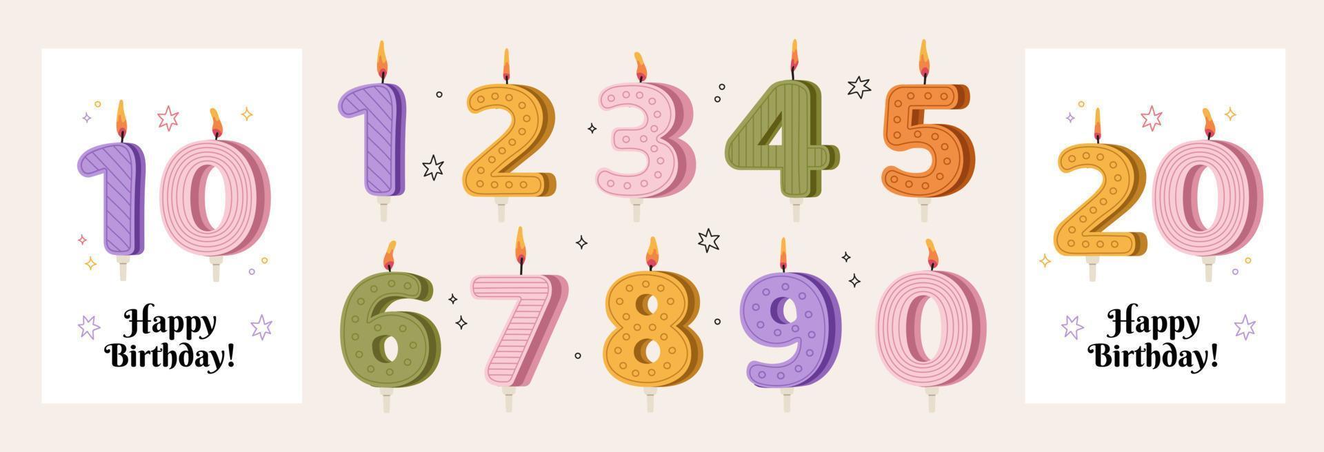 Festive illustration collection of bright Birthday Cake Candle Numbers 0, 1, 2, 3, 4, 5, 6, 7, 8, 9, anniversary holiday candles vector illustration set. Decoration for holiday celebration, surprise
