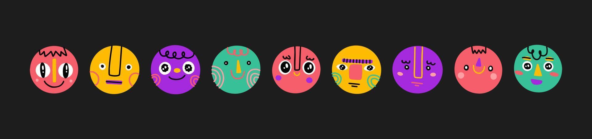 Hand drawn Abstract funny characters. Big Set of Different colored Vector illustrations. Cartoon style. Flat design. All elements are isolated. Poster, logo Templates.Every face is isolated