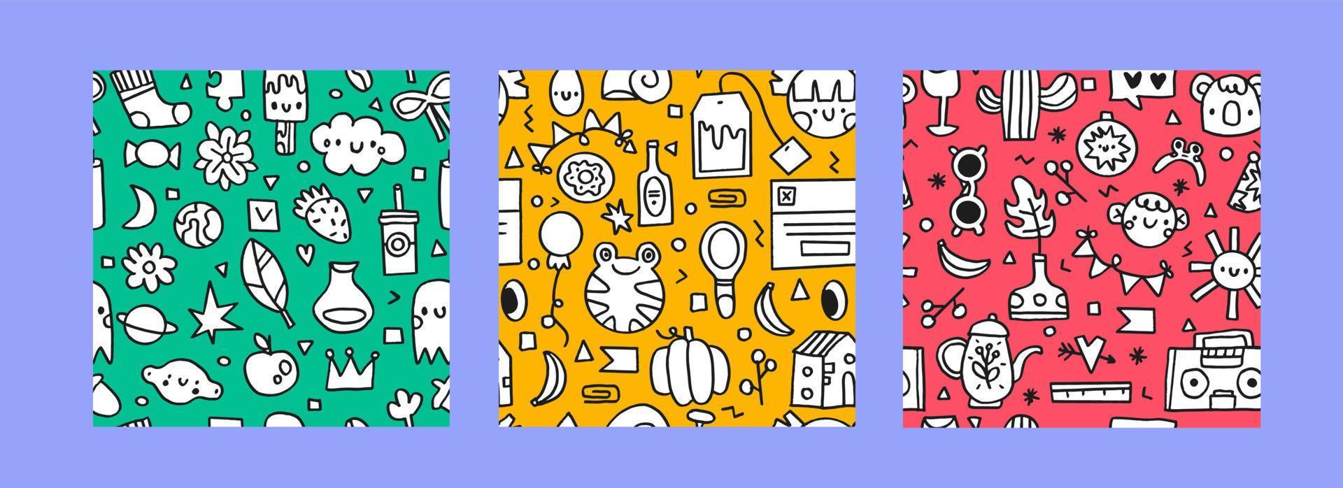 Set of 3 Cute childish linear pattern. Doodle koala, boy, sun, glass, cacti, radio, flower, kettle, plant, star. Perfect for wrapping paper, printing on the fabric, design package and cover for kids vector