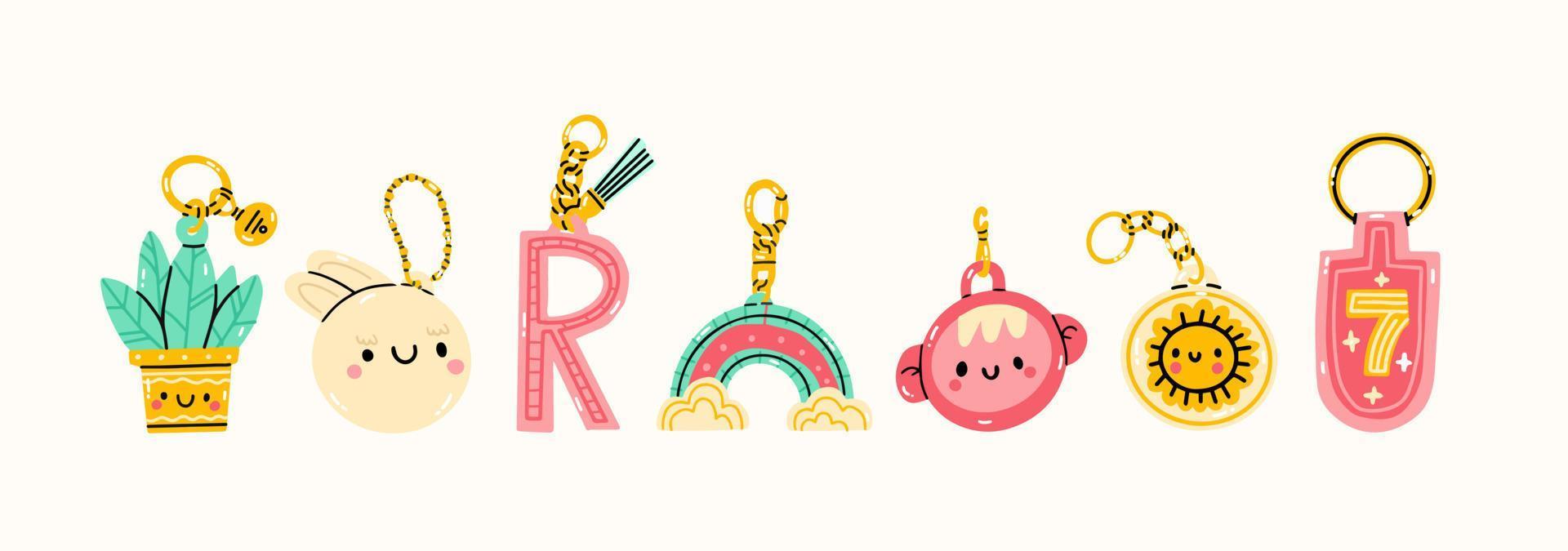 Set of various different Keychains. Keyholders and keyrings collection. Modern keys with pendants. Hand drawn Kawaii Vector illustration. Home rental, property, real estate concept.