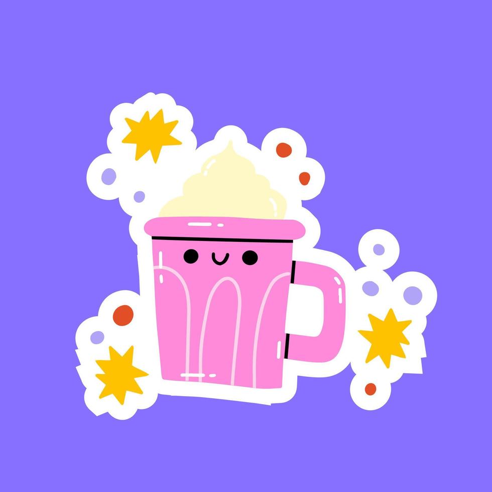 linda gracioso taza de café pegatina personaje. imagen para niño producto,pegatina,logotipo,tarjeta,fondo de pantalla.aislado. logo. kawaii Bebiendo. vector mano dibujado dibujos animados kawaii personaje ilustración icono.