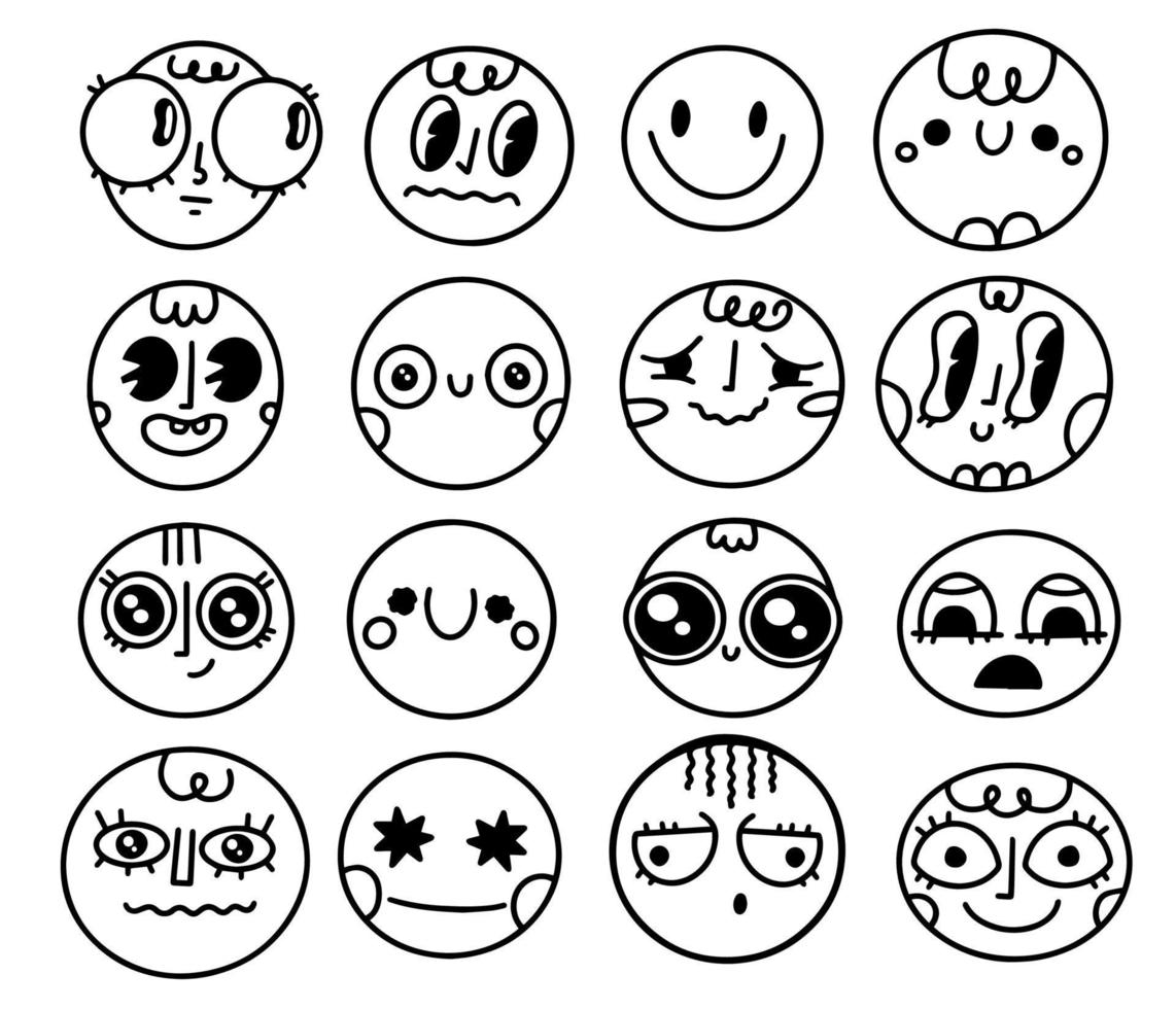 Round abstract comic Faces with various Emotions.Old cartoon mascot character elements. Crayon drawing style. Cartoon style. Flat design. Hand drawn trendy Vector illustration. Every face is isolated.