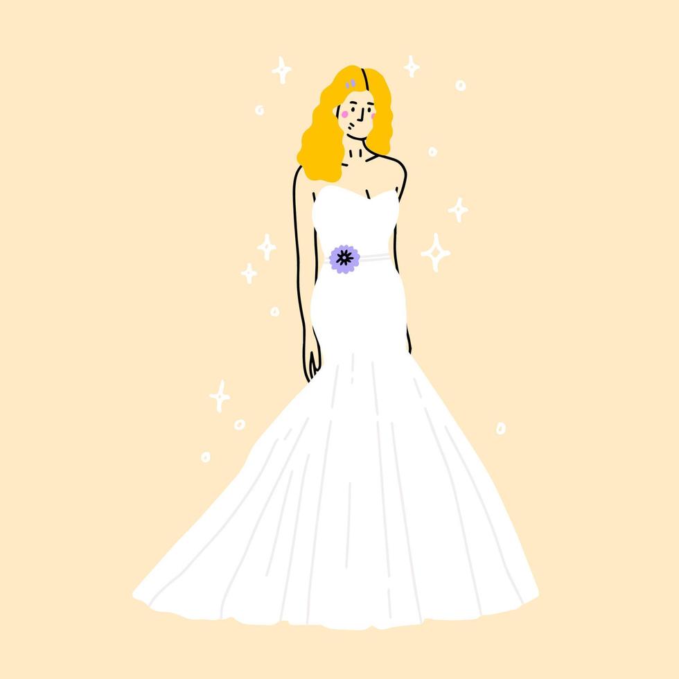 elegante novia en hermosa vestido. en pie y posando bosquejo esbelto silueta de mujer, línea obra de arte para invitación o bandera. vector dibujo. Boda atuendo