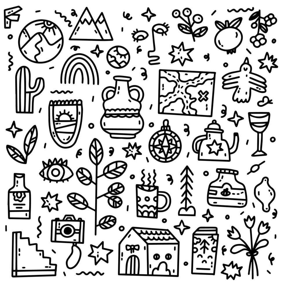 Hand drawn doodle illustrstion, marker outlines. Black and white vector. Different elements. food, bird, mountains, map, plants, dishes, abstract element vector