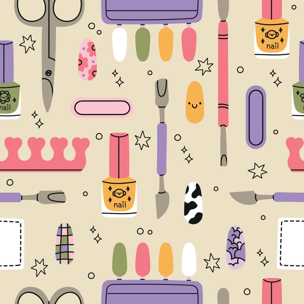 Manicure vector seamless pattern. Nail salon vector. Manicure and pedicure studio. Fashion beauty banner for spa with nail polish or lacquer. hand draw illustration with nail manicure accessories