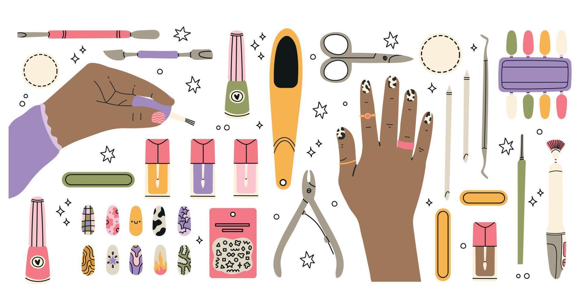 Cartoon female manicured hands, manicure salon nail care routine. Women's hands and various manicure supplies, equipment, tools. Nail scissors, nail file, tweezers, nail polish, hand cream, brush. vector