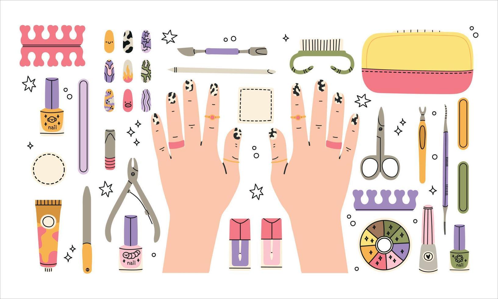 Cartoon female manicured hands, manicure salon nail care routine. Women's hands and various manicure supplies, equipment, tools. Nail scissors, nail file, tweezers, nail polish, hand cream, brush. vector