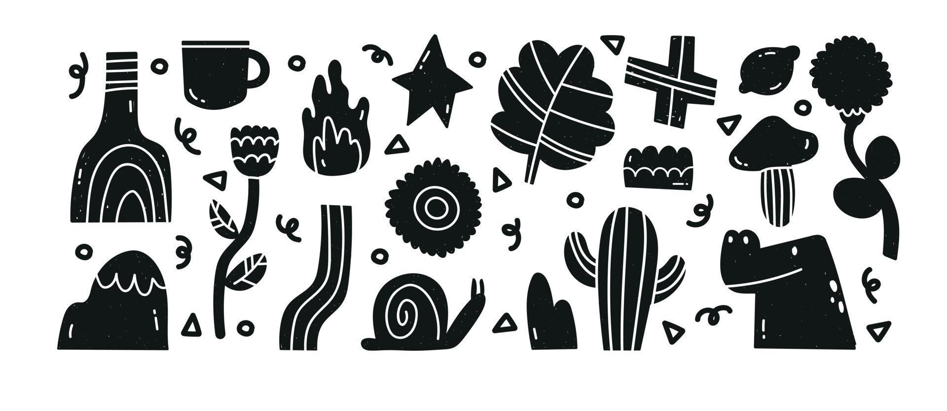 Hand draw various strange creatures and objects. Abstract figures. Fictional animals and flowers. Black trendy Vector illustration set. All elements are isolated