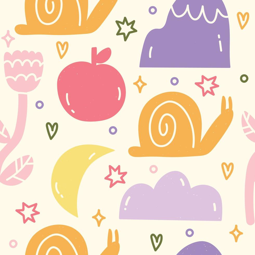 Cute bright pattern for children. Childish pattern with snail, apple, mountain, flower. Background, wallpaper, Wrapping, textile template vector