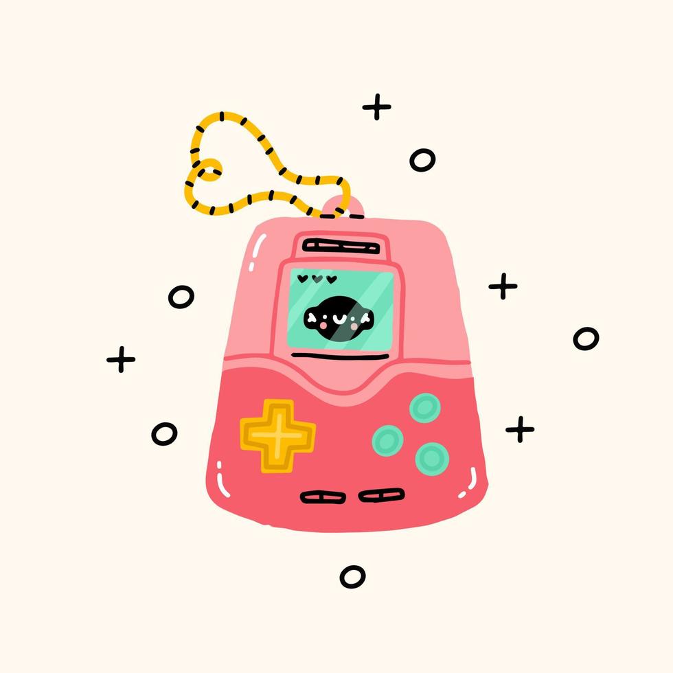 Japanese classic game with screen display, chain and buttons. 90s device digital pet pocket game. Millennial kid. Kidcore social media template. Vector Kawaii illustration in 00s