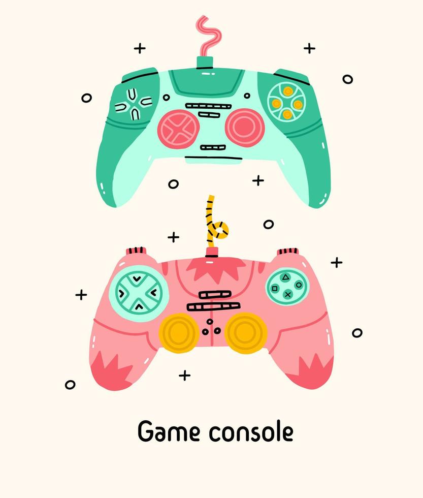 Old vintage retro game console electronic, cute funny vector illustration. Green console with buttons. 90s video game console digital pocket game. Kawaii hand draw illustration.