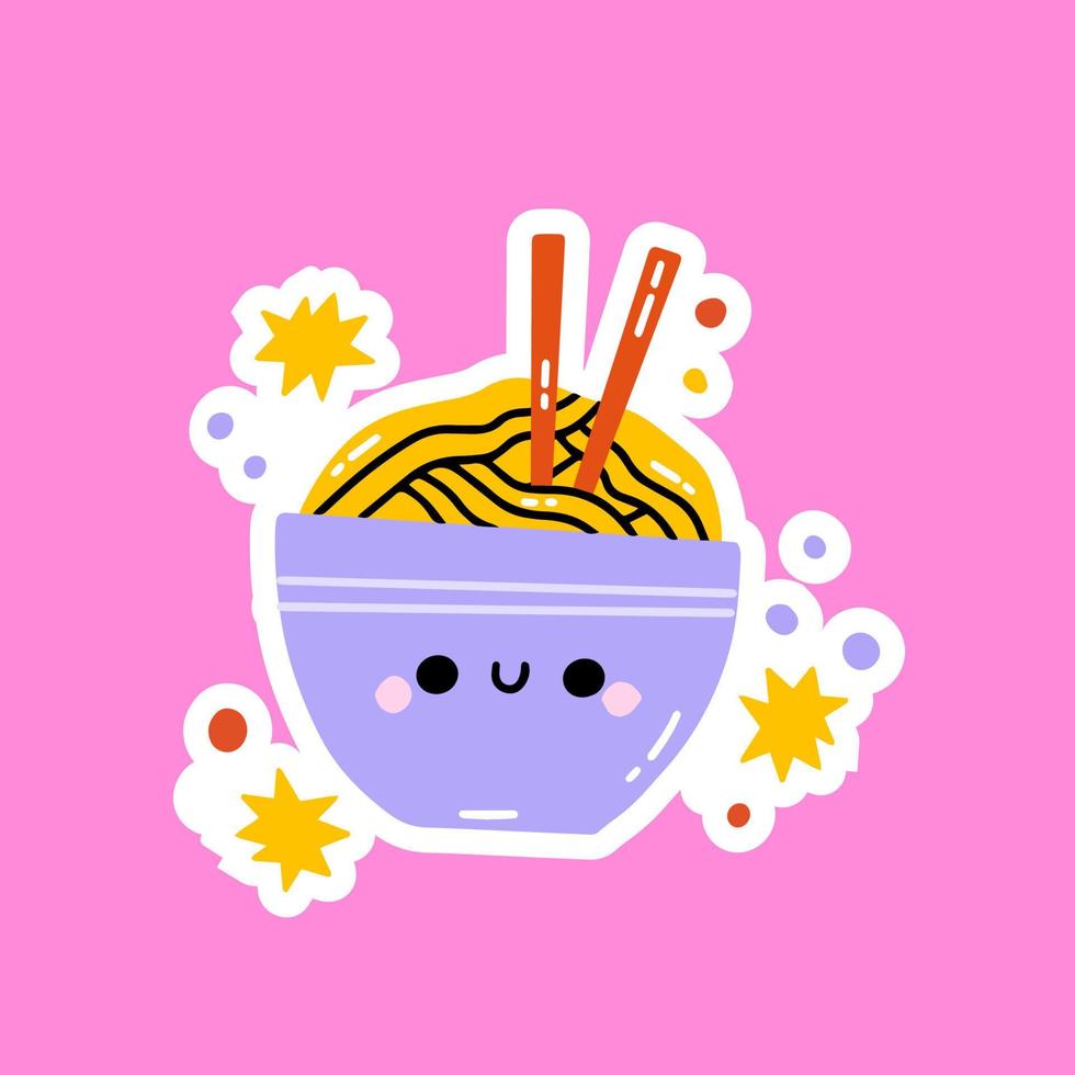 Comics drawing plates Japanese noodles. Vector hand drawn isolated illustration for t-shirts, postcards, posters, prints. Cartoon kawaii journal sticker. Fast food isolated illustration