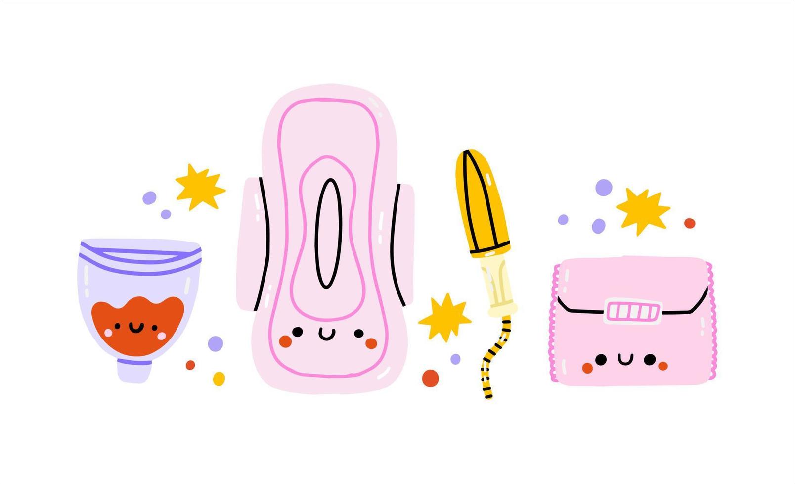 menstruación tema. período. varios femenino higiene productos cero residuos objetos. bragas, almohadillas, tazas. menstrual proteccion, femenino higiene. mano dibujado vector ilustración. elementos son aislado