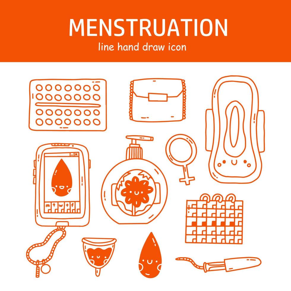 Menstruation theme. Period. Various feminine hygiene products. Zero waste objects. Panties, pads, cups. Menstrual protection, feminine hygiene. Hand drawn vector illustration. Elements are isolated