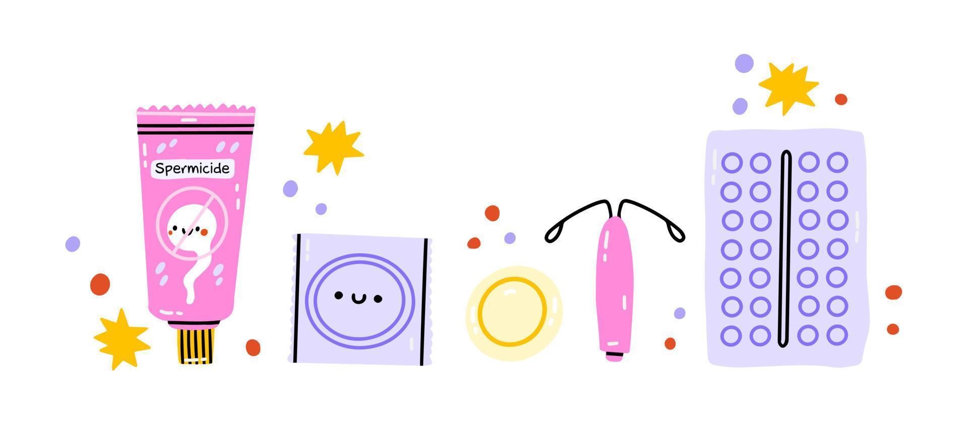 Safe sex and birth control. Set of contraception methods. condom and patch, oral contraceptive pills, suppository and spermicide, female condom and calendar method. vector illustration