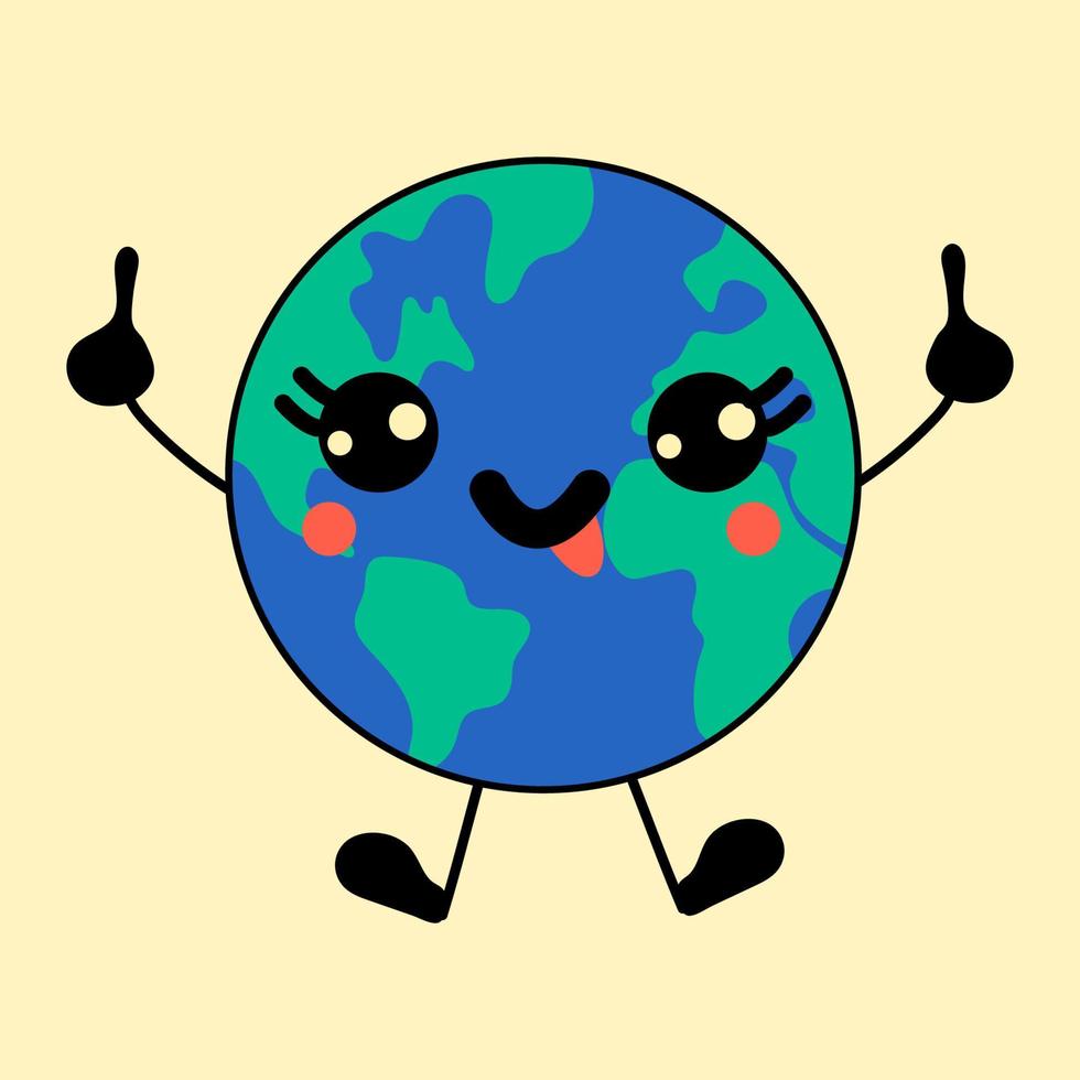 Earth kawaii mascot. Cute character. Vector hand drawn illustration