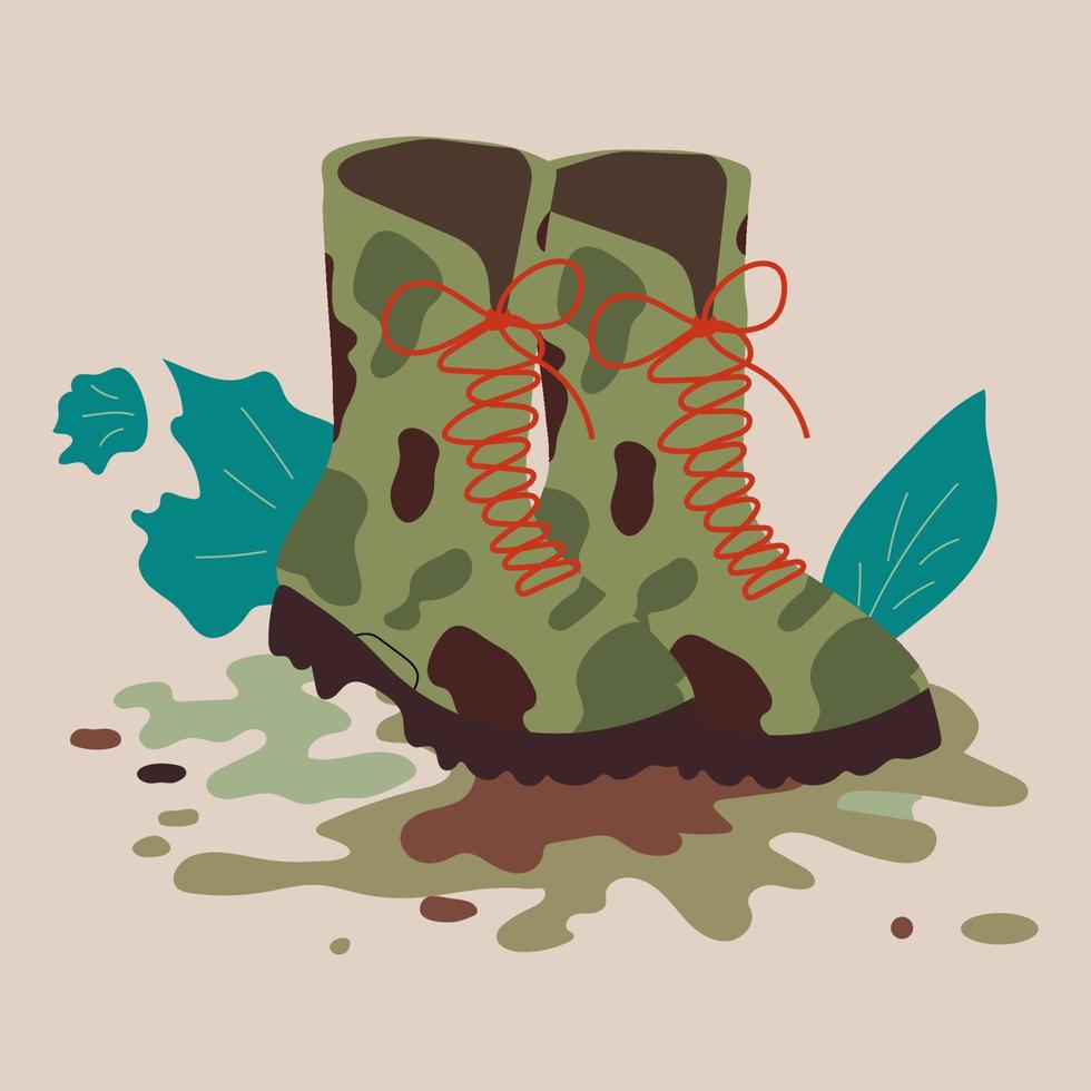 Army boots illustration. Flat vector. Hiking boots. Dirty Sturdy leather travel shoes vector