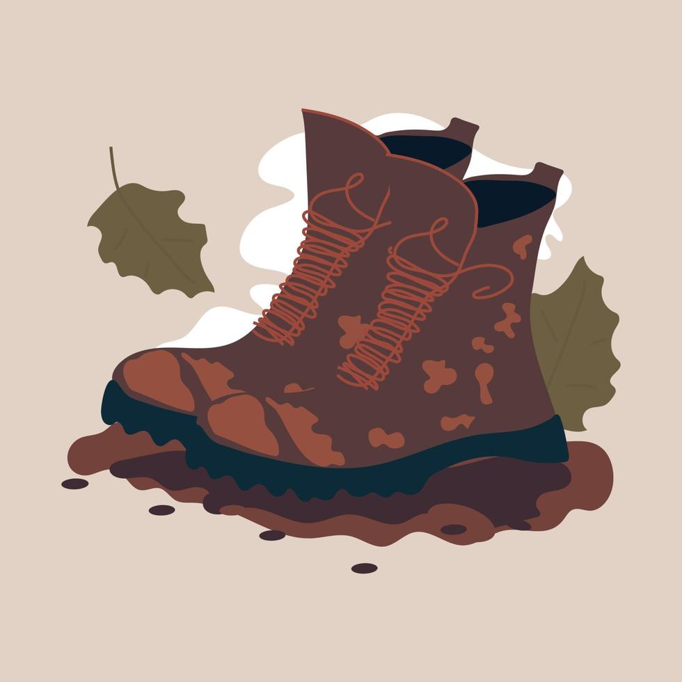 Army boots illustration. Flat vector. Hiking boots. Dirty Sturdy leather travel shoes vector
