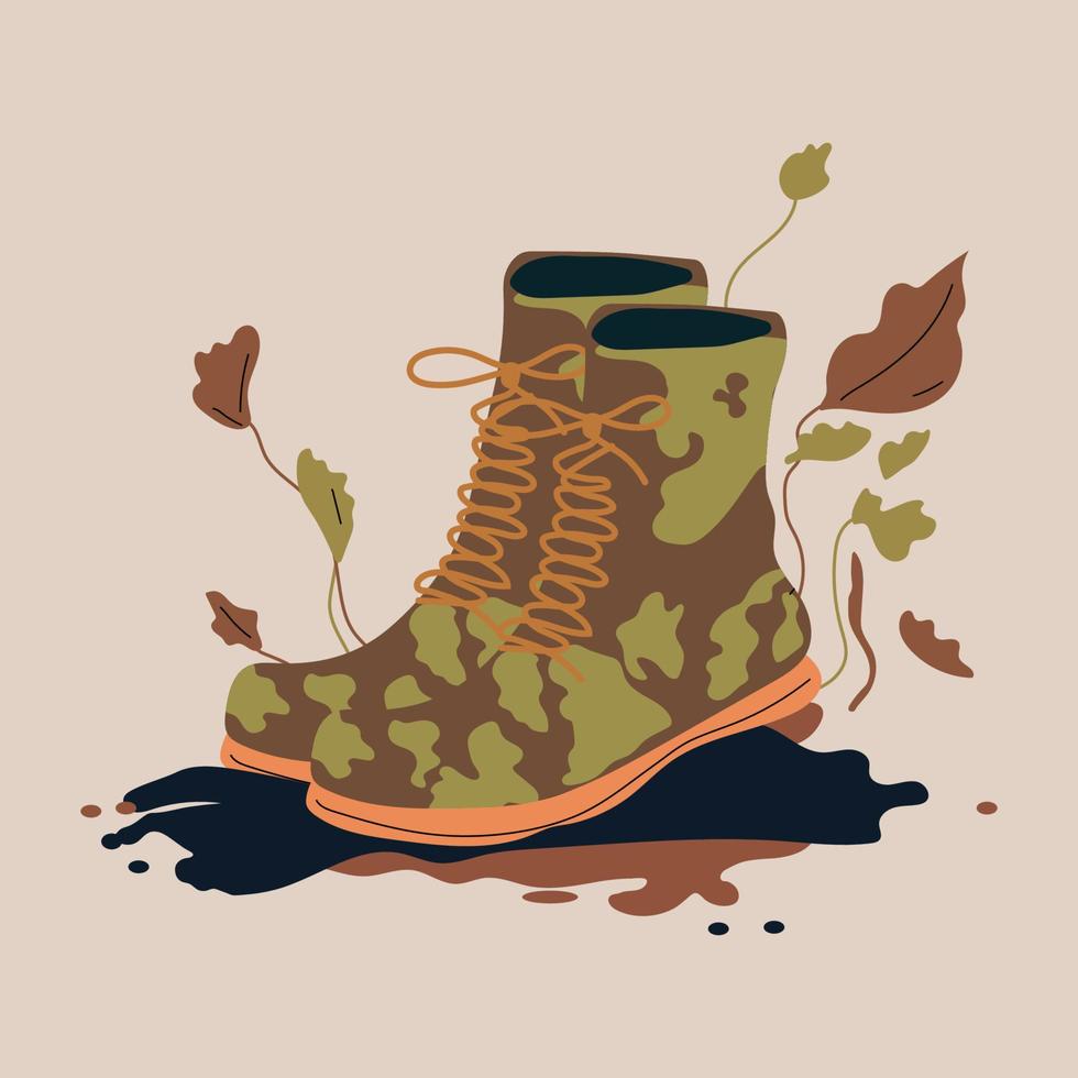 Army boots illustration. Flat vector. Hiking boots. Dirty Sturdy leather travel shoes vector