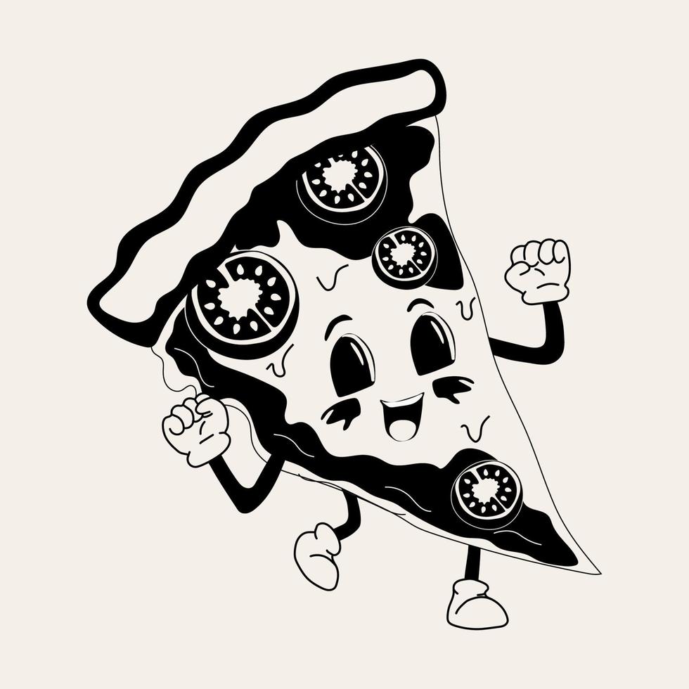 Cute Cartoon pizza character. Happy and cheerful emotions. Old animation 60s 70s, funny cartoon characters. Trendy illustration in retro style. vector