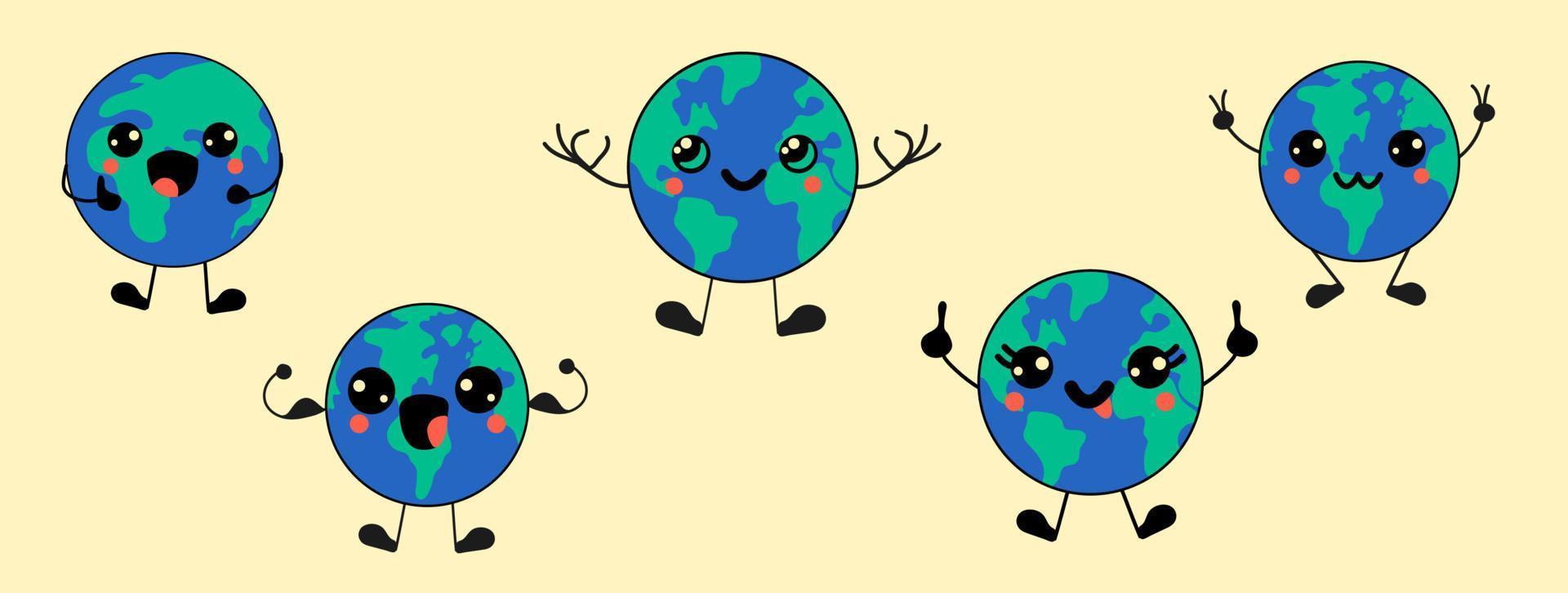 Set of Earth kawaii mascot. Cute character. Vector hand drawn illustration