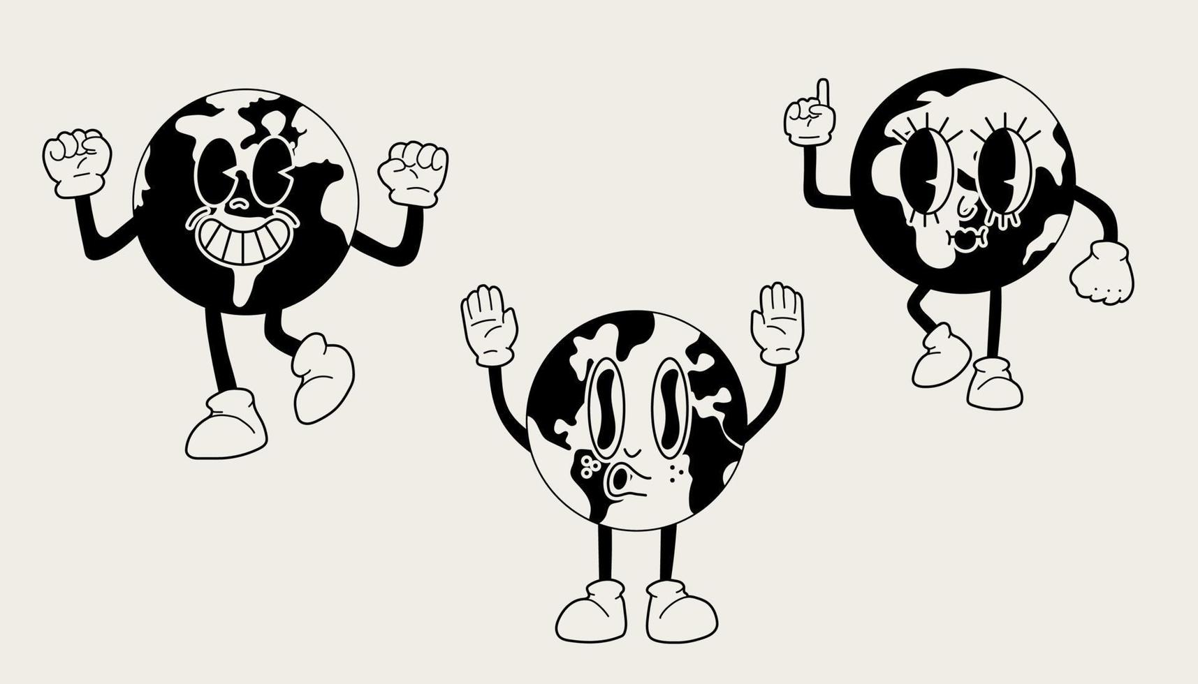 Set of Retro Earth mascot. Cute character in trendy retro 60s 70s cartoon style. Vector hand drawn illustration
