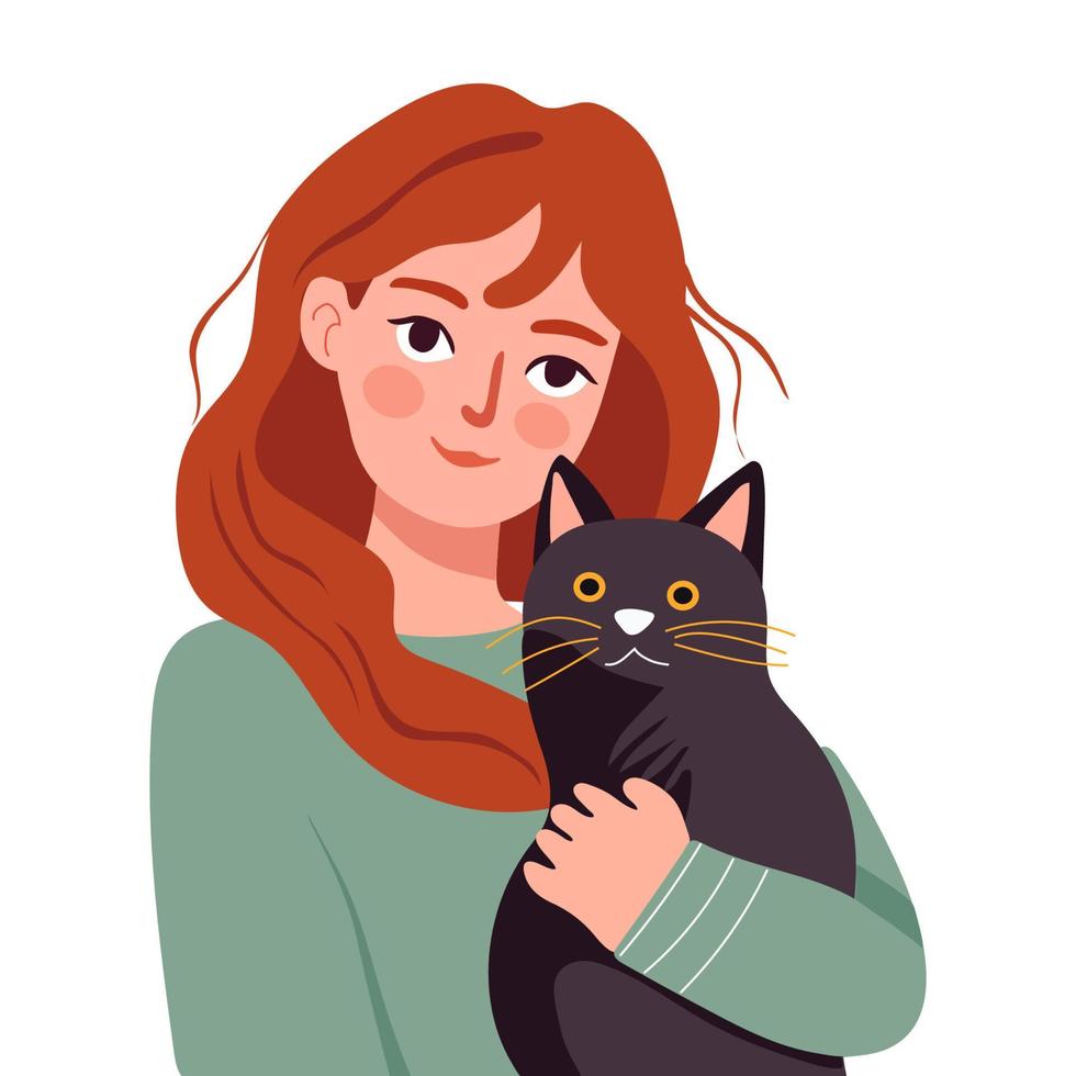 Happy woman holding cat. Pet ownership, pet parent. Happy Mew Year and cats day. Adopt cats and make them happy. Vector illustration.