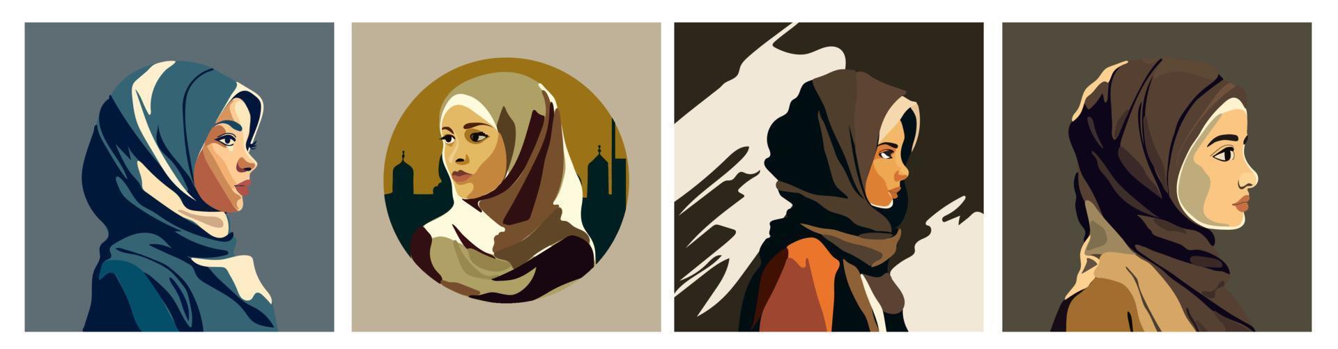 Set of four Portrait of an arabian woman in hijab. Vector flat illustration