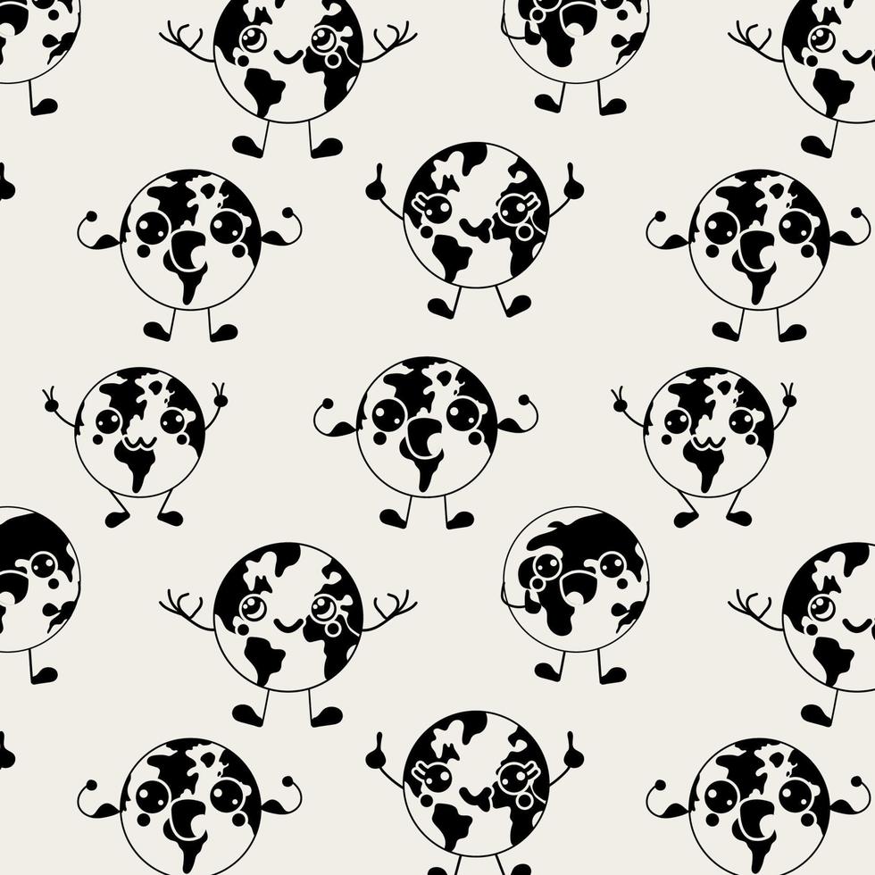 Hand drawn seamless pattern with Earth kawaii mascot. Cute character vector