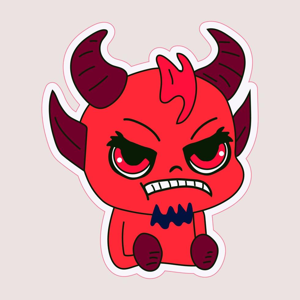 pegatina emoji emoticon emoción contento personaje dulce infernal entidad linda con cuernos demonio, mal espíritu, diablura, impuro fuerza vector